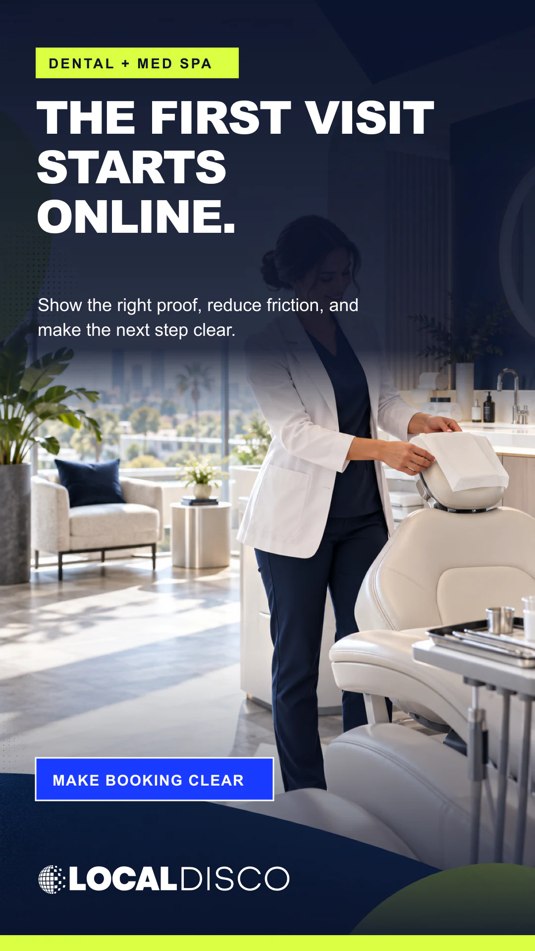 Dental and med-spa concept showing a clinician beside a treatment chair with a clear online-booking message.