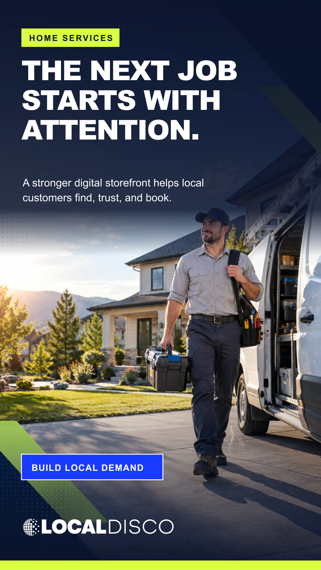 Home-services concept showing a technician beside a service vehicle with a local-demand message.